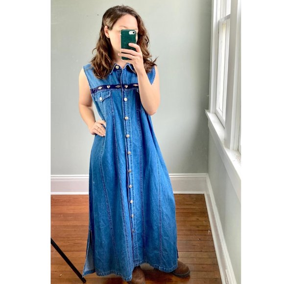 Vintage 90s Denim Button Down Silver Velvet Sleeveless Slit Maxi Dress L - Picture 2 of 9